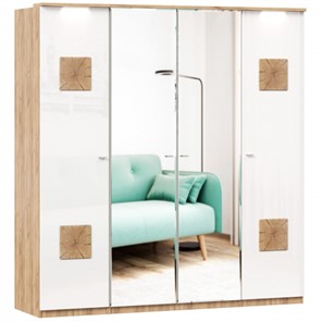 Шкаф четырехдверный Фиджи с 2 зеркалами и декоративными накладками, Дуб золотой/Белый в Ярославле