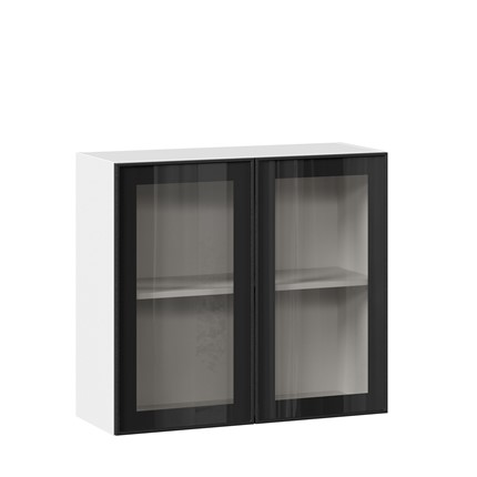 Кухонный шкаф со стеклом 800 Индиго ЛД 298.360.000.023, Белый/Чёрный в Ярославле - изображение