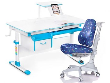 Комплект растущая парта + стул Mealux Mealux EVO Evo-40 BL (арт. Evo-40 BL + Y-528 F) / (стол+полка+кресло) / белая столешница / цвет пластика голубой в Рыбинске