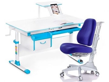 Комплект растущая парта + стул Mealux EVO Evo-40 BL (арт. Evo-40 BL + Y-528 SB) / (стол+полка+кресло) / белая столешница / цвет пластика голубой в Рыбинске
